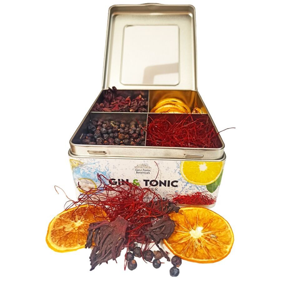 Gin Tonic Botanicals fém dobozban, osztott (lime-narancs-hibiszkusz-rózsabors) - 139 gr